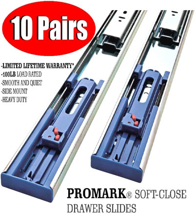 Promark 100LB Capacity Full Extension Soft/Self Closing Side Mount Drawer Slides 18 Inches-10 Pack 
